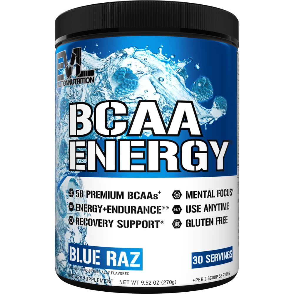 EVL BCAA Acids Acids Powder - BCAA Energy Pre Workout Powder for Muscle Recovery Lean Growth and Endurance - Nawodnienie post Workout Recovery Drink z naturalną kofeiną - Blue Raz