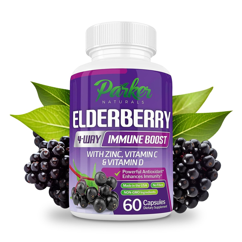 Parker Naturals Organic Elderberry Kapsułki, 4- Way Immune Boost Elderberry, Witaminy C, D & Zinc Wsparcie, 1260.1 mg suplementy dla dorosłych, 60 Kapsułki