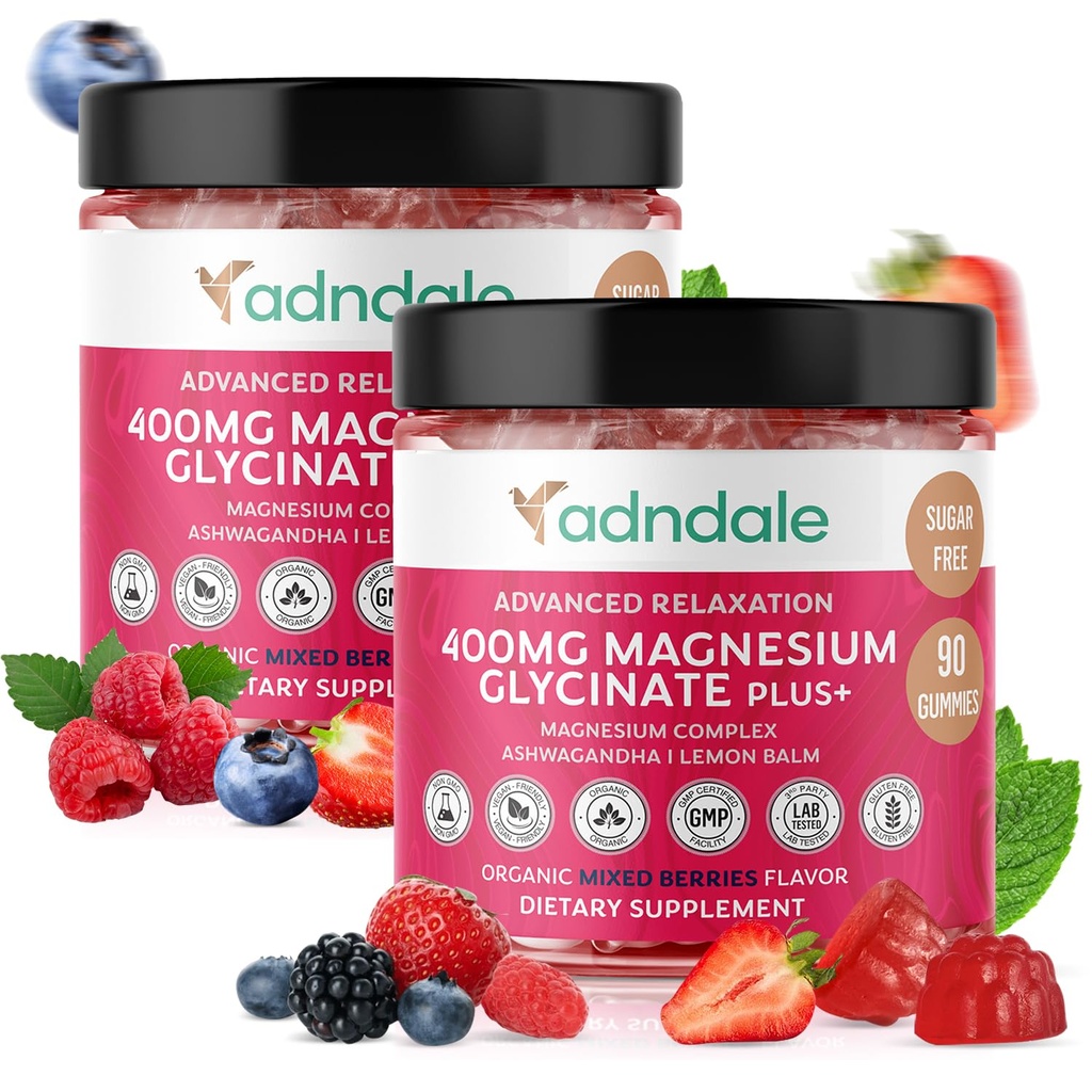 Adndale 180 CT Magnesium Glycinate Gummies 400 mg/Serv with Ashwagandha, Magnesium Malate & Taurate, Sugar Free Chews for Adults & Kids