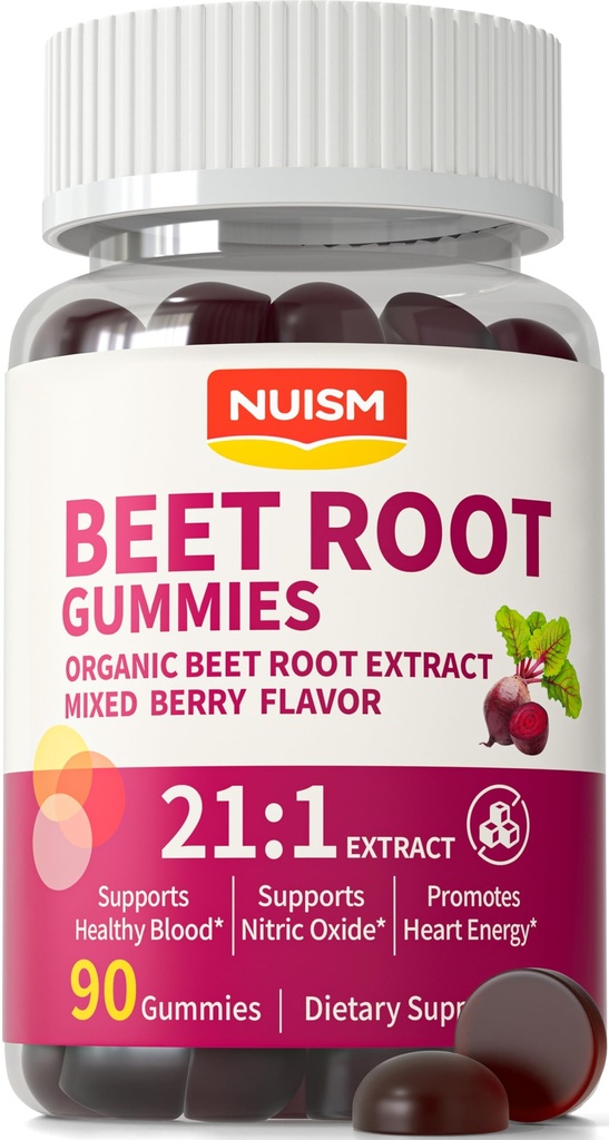 Organic Beet Root Gummies, Mixed Berry Flavor Supplements,Natural Extract, 21:1 Concentrate, Sugar Free Chews, Energy, Vitality & Performance Support, Beetroot Gummies