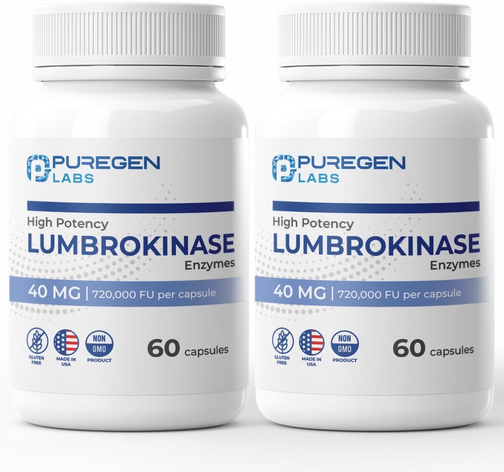 Puregen Labs Lumbrokinase 40mg per Capsule High Potency Supplement Equipment 124; High Activity Lumbrokinase Enzymes 124; No Harmful Additives Equipment 124; Non-GMO Equipment 124; Gluten Free Equipment 124; Made in USA - Total 120 Vegetarian kapsułki