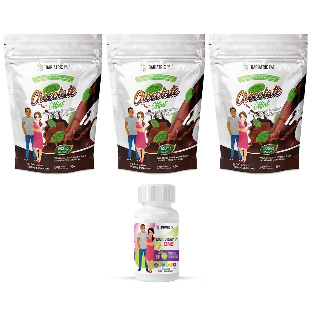 BariatricPal 90- Day Bariatry Witamina Bundle (Multivitamin ONE 1 dziennie! Kapsułka z 45 mg żelaza i cytrynianu wapnia Soft Chews 500 mg z probiotyki - mięta czekoladowa)