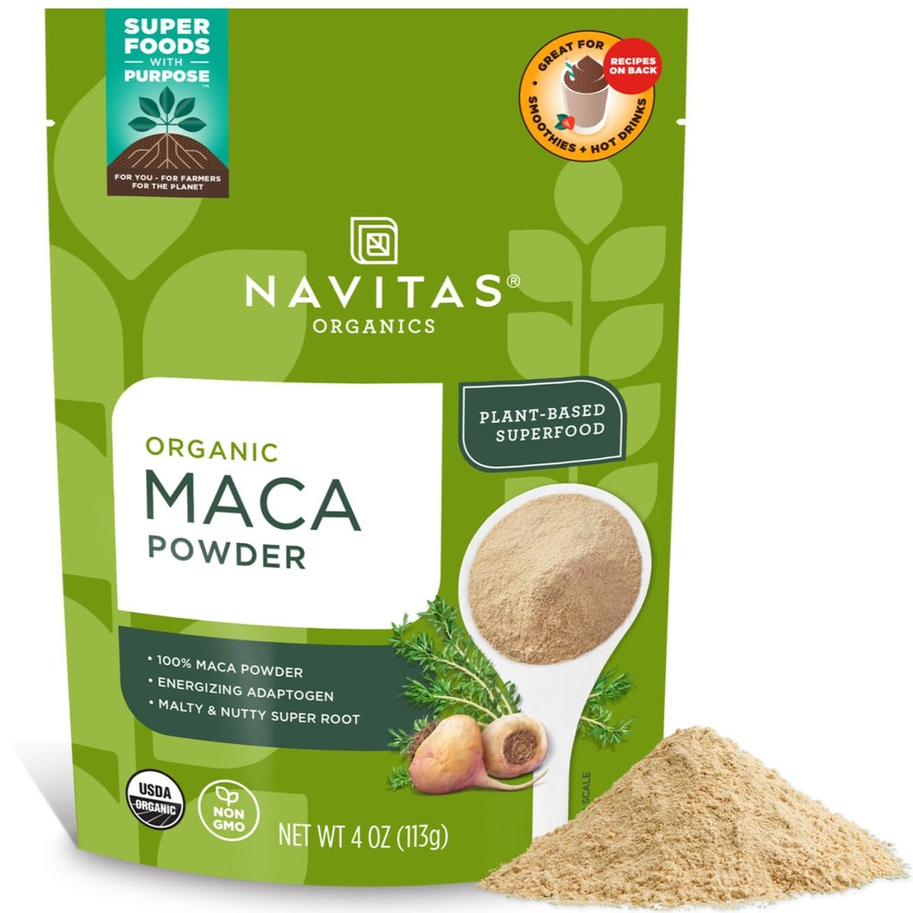 Navitas Organics Maca Powder - 100% żelatynizowany peruwiański Maca dla Adaptogen Smoothies, Lattes, Piekarnictwo i więcej - Energize & Balance - USDA Organic, Nie GMO, Wegan, Gluten Free (4oz. Bag, 23 Sługi)