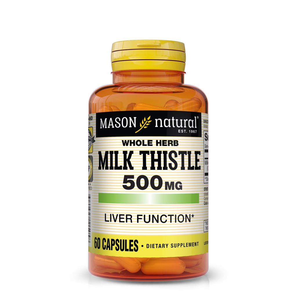 MASON NATURAL Milk Thistle 500 mg - Wsparcie zdrowe czynności wątroby, Czyszczenie i Detox, Ziołowy suplement diety, 60 Kapsułki