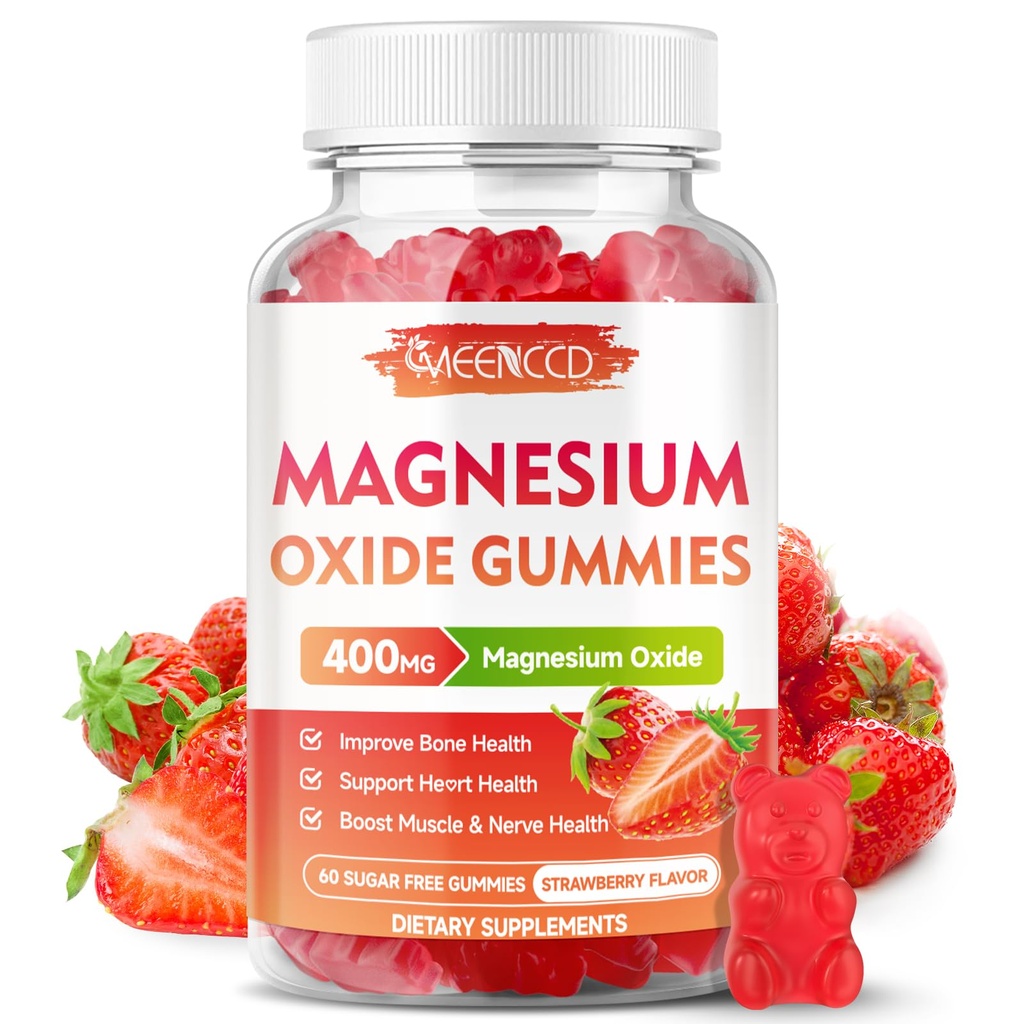 Gummies tlenek magnezu 400mg, Suplement Tlenek magnezu do żucia dla dorosłych i dzieci, Nerve & Support mięśni, Non- GMO, Sugar- Free, Flavor truskawka, 60 Count