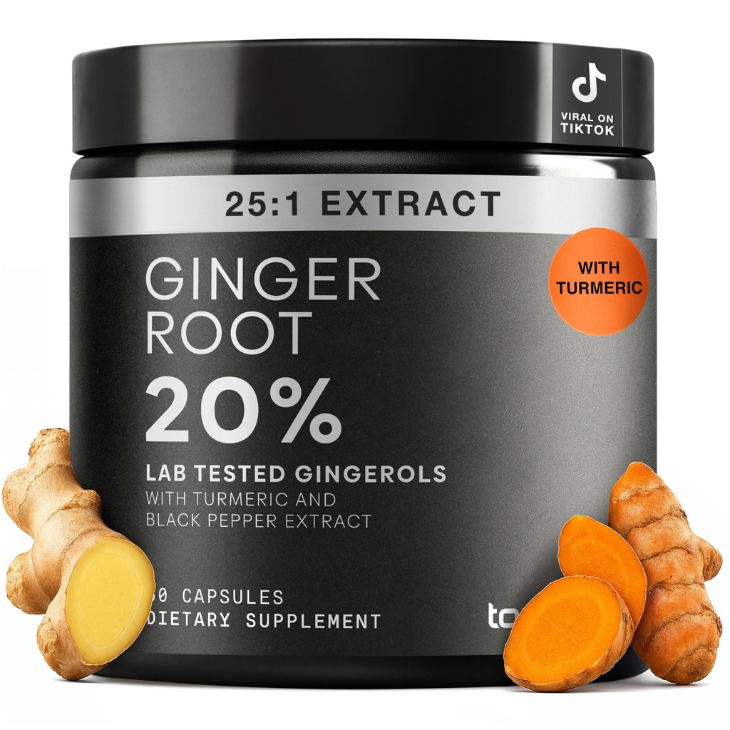 Toniiq Ginger Root Capsules – Ultra High Potency 25:1 Extract with 20% Gingerols – with Curcumin & Black Pepper for Synergy – Lab Tested – 60 Capsules