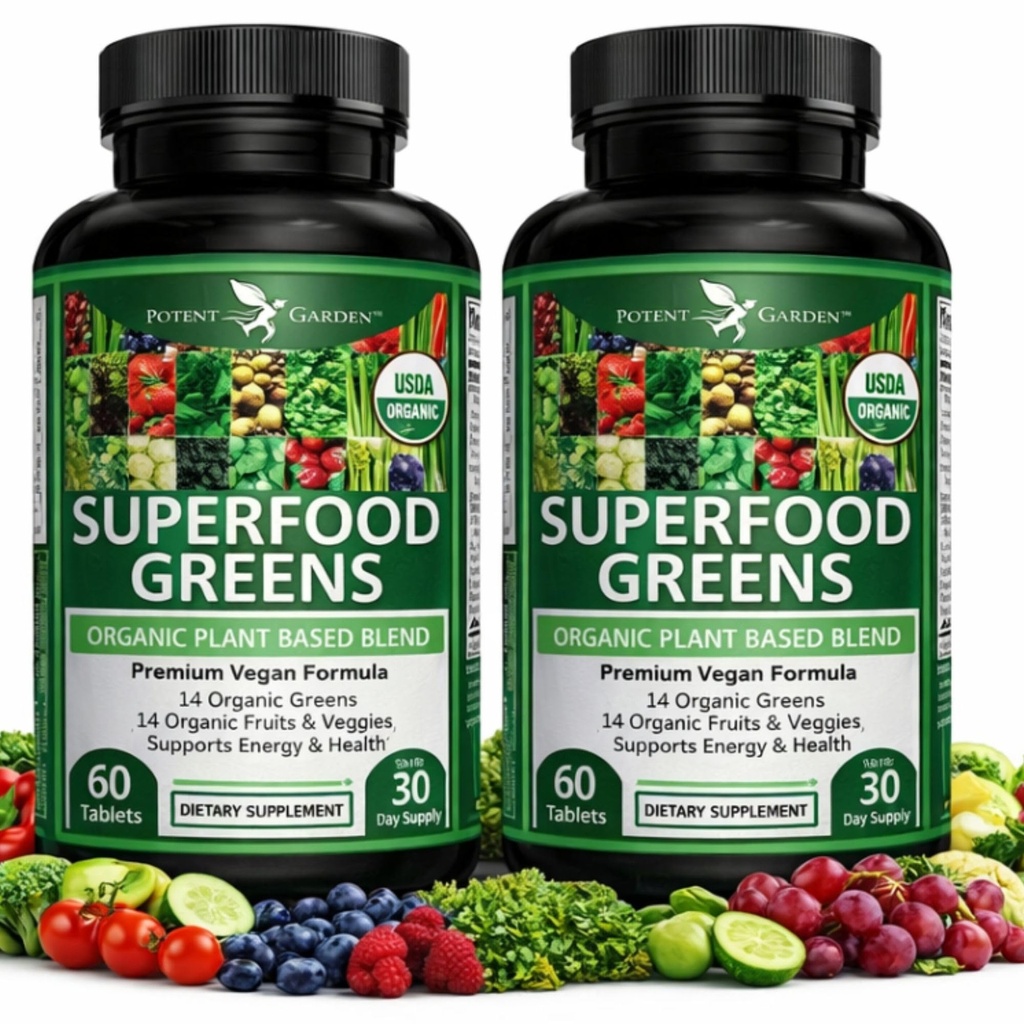 Potent Garden 2-Pack Organic Superfood Zielone, Owoce i suplement wegetariański bogaty w witaminy i przeciwutleniacze z Alfalfa, Buraki Root & Tart Cherry do Boost Energy, Immunitet & Gut Health, 120 Ct