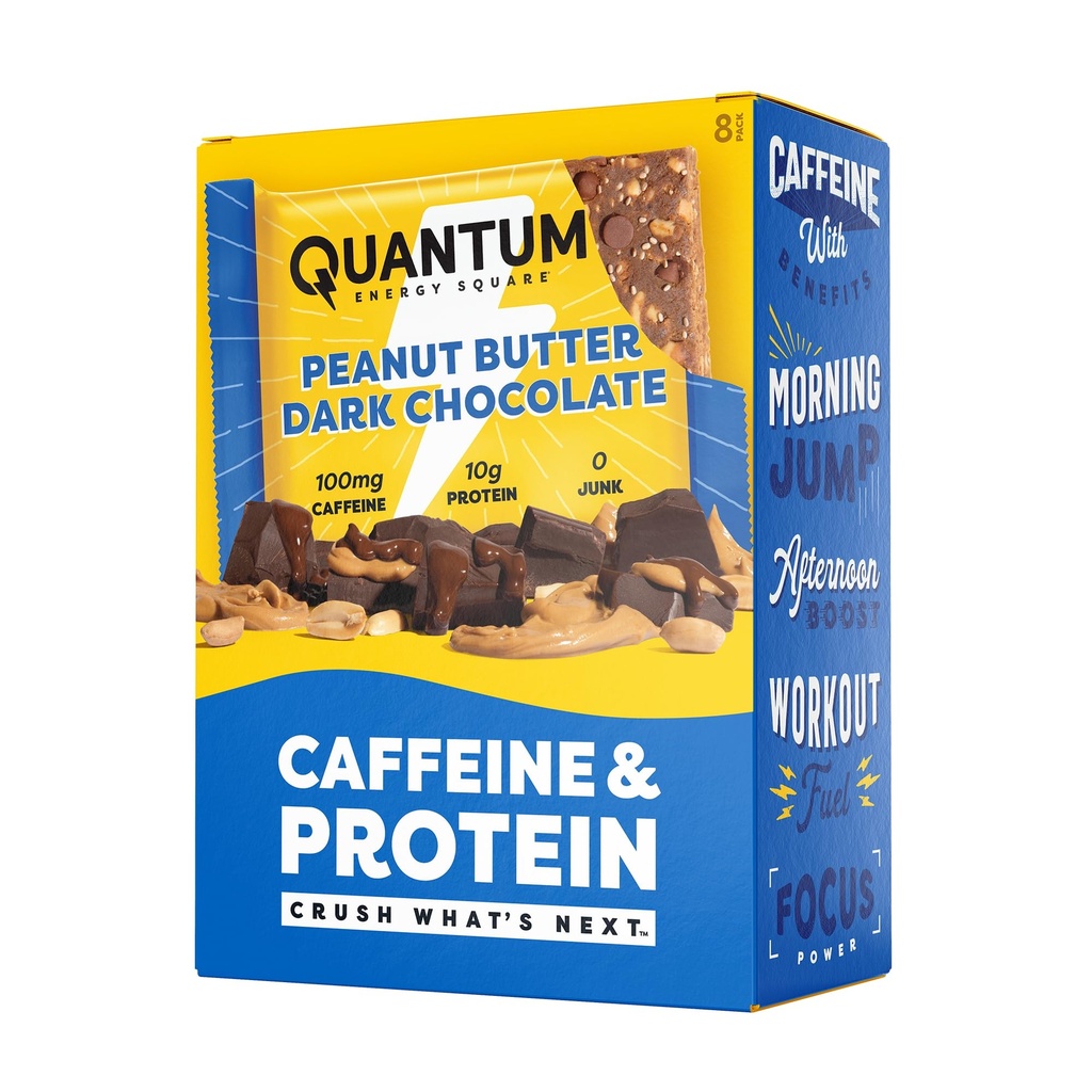 Quantum Energy Square: Energy Bar with Caffeine & 10g Protein. Delicious Healthy Snack On The Go. (Vegan, Gluten-free, Soy-free, Dairy-free) (Peanut Butter Dark Chocolate)