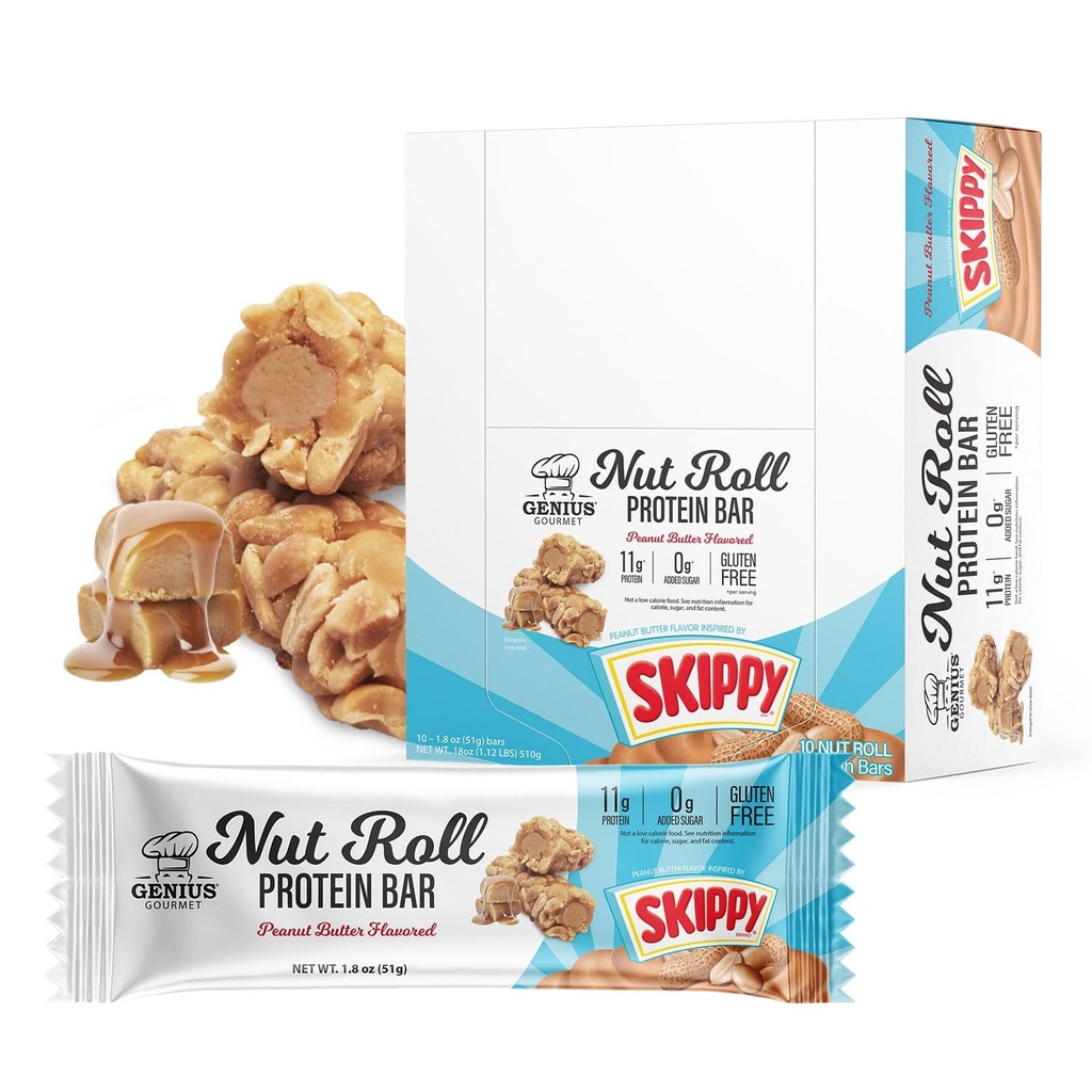 Genius Gourmet SKIPPY Peanut Butter Flavor Inspired Protein Nut Roll Bar,11g Protein per serving(18% DV), 0g Added Sugar, Carb Conscious Snack Bar, Gluten Free – 10 Count