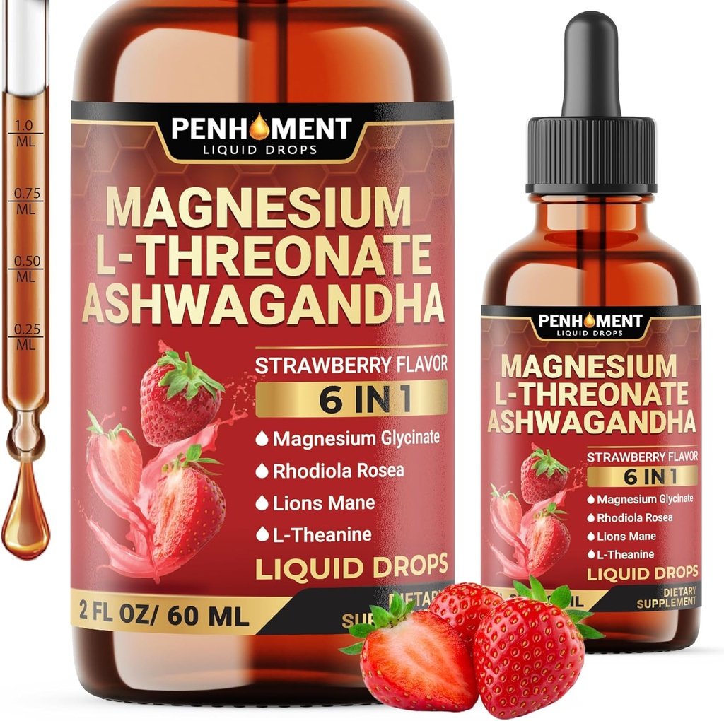 6in1 Magnezu L- Threonian płynne krople z Ashwagandha, Glycinate magnezu i 3 Więcej - Wsparcie mózgu i immunologiczne - 2 Fl Oz na 30 dni - Truskawkowy Flavor