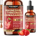 6in1 Magnezu L- Threonian płynne krople z Ashwagandha, Glycinate magnezu i 3 Więcej - Wsparcie mózgu i immunologiczne - 2 Fl Oz na 30 dni - Truskawkowy Flavor