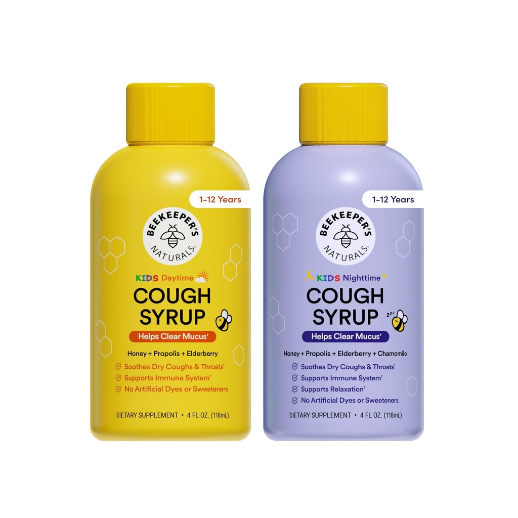 Beekeeper's Naturals Kids Honey Cough Syrup – Day & Night Value Pack – Immune Support with Elderberry, Vitamin C, D, Propolis & Raw Honey – Soothing, Clean Ingredients – Two Pack, 2 x 4 fl oz