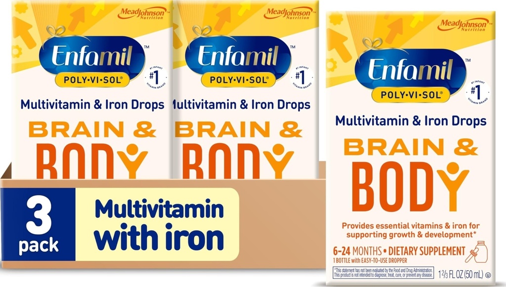 Enfamil Poly- Vi- Sol z płynem żelaznym, krople wielowitaminowe, wspomaga wzrost i rozwój *, 50 ml butelki (opakowanie po 3)