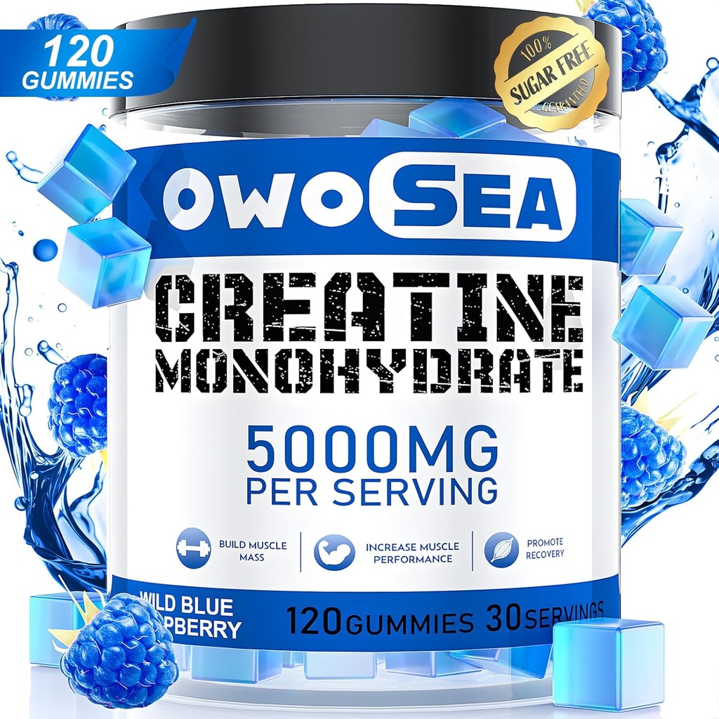 Monowodne gumki dla mężczyzn i kobiet 5000mg Monowodzian kreatyny na serwowanie dla wsparcia mięśni Energy Boost 120 Count Chewable 5g Suplement kreatynowy Supplement Sugar Free Vegan (1 Pack, Blue Malina)