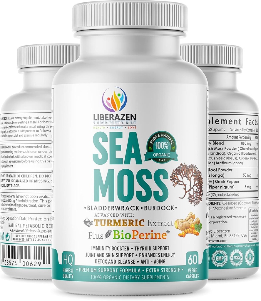 Organic Irish Sea Moss Pills - Wildcrafted Dr Sebi Inspired Seamoss Mieszanka z Turmeric, Burdock Root & Bladderwrack, Wzmocnione z Black Pepper - 60 Kapsułki
