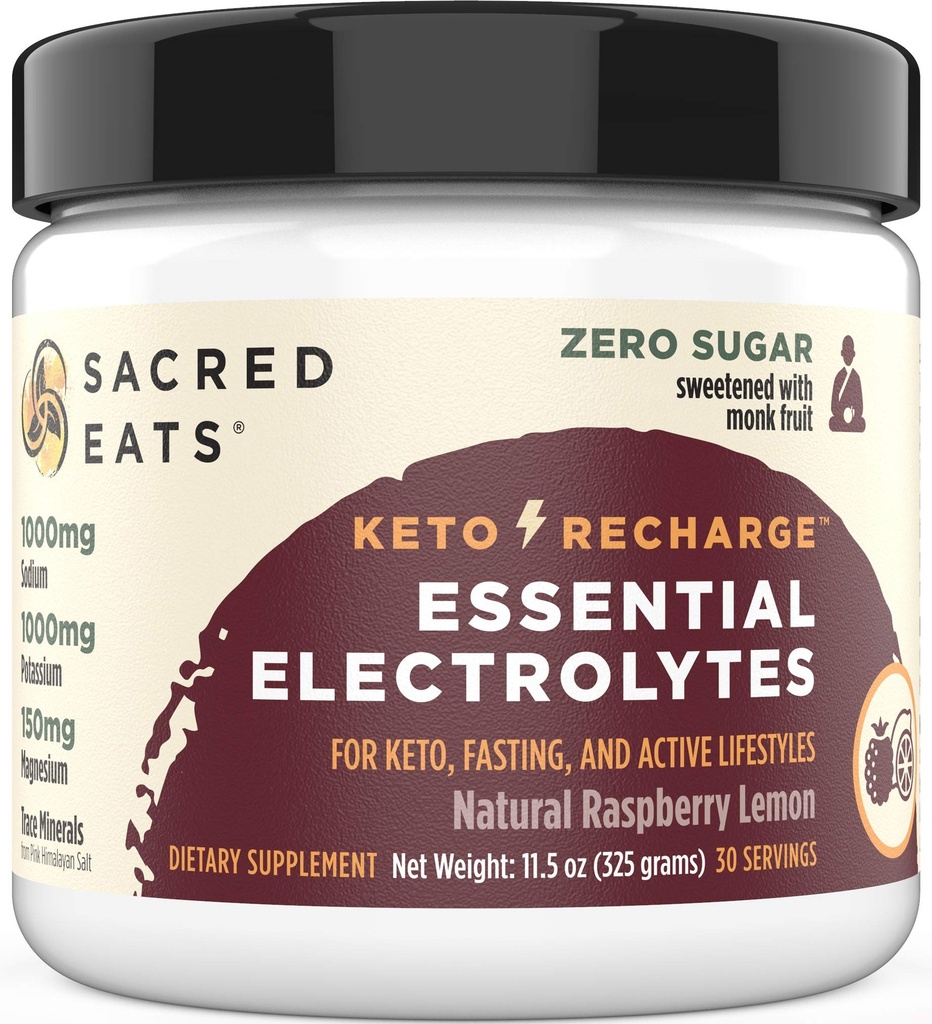 Keto Electrolyte proszek i suplement nawilżający 124; 1000mg potasu i sodu, 150mg magnezu i 124; bez cukru i Stevii, słodzony tylko z owoców mnicha 124; Natural Malina Lemon (30 Servings)