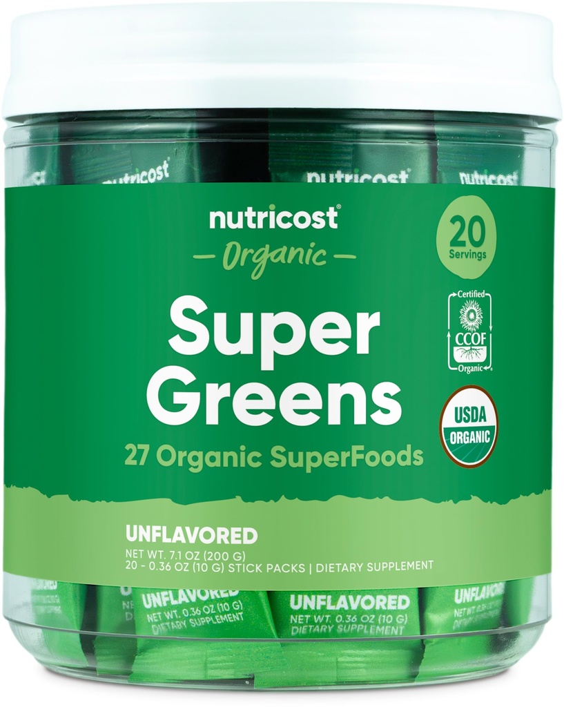 Nutricost Organic Super Zielone (Nieflawored) 20 Stickpack - Bez glutenu, Nie-GMO