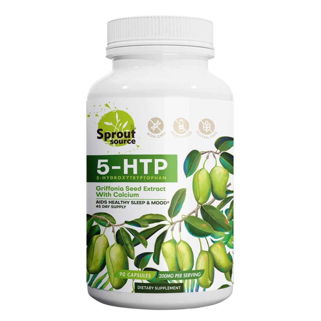 5- HTP Suplement 200mg, Wspiera zdrowy sen i nastroje z wapnia - Non-GMO, Gluten- Free - 90 Kapsułki