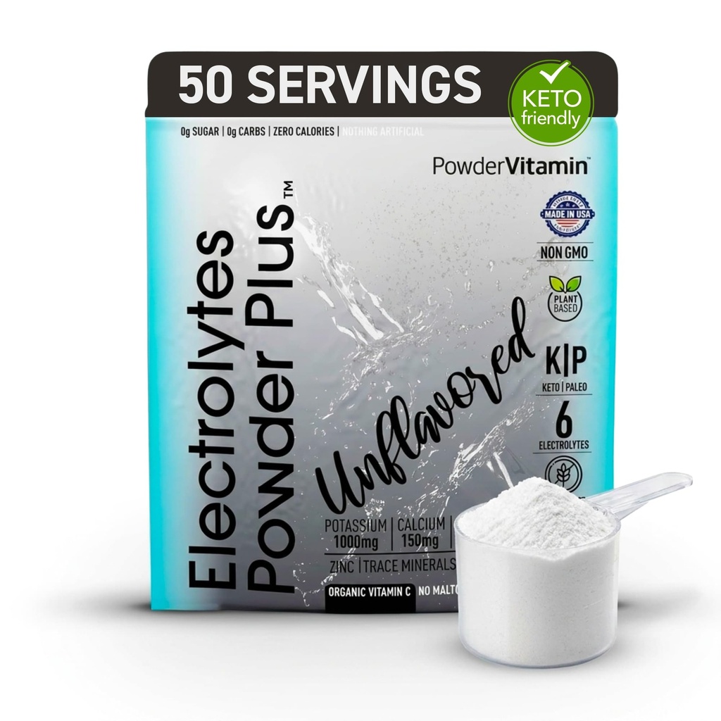 Proszek PowderWitamina Electrolytes Plus (50 Servings) Proszek bez smaku Electrolyte Keto, Cukier wolny, Pink Himalayan Salt., 1000mg potasu, 150mg wapnia, 150mg magnezu, NO Stevia