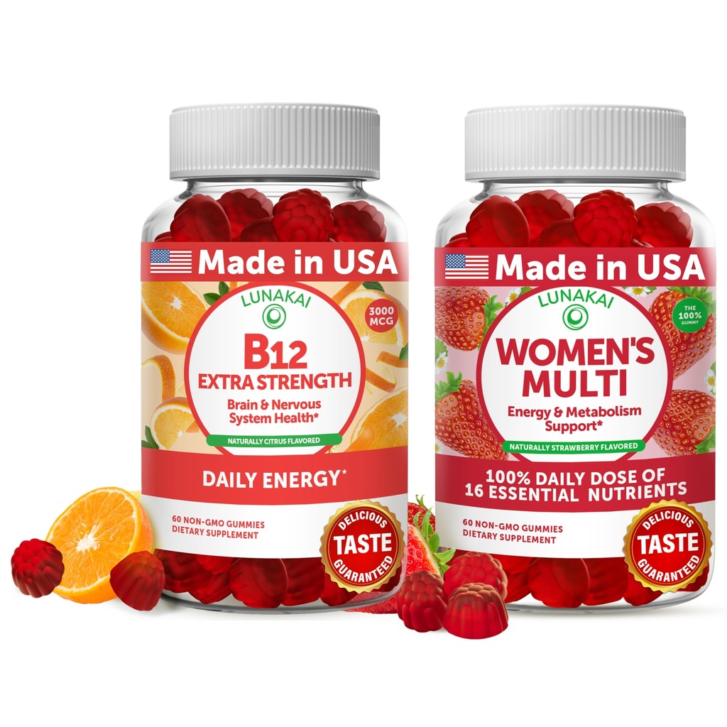 Lunakai Witamina B12 i żeńskie gumki wieloskładnikowe Bundle - 3000mcg Methylcobalamin High Absorption Energy Gummy - 100% wartości dobowej 16 witamin i suplementu mineralnego - 30 Days Supply