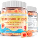 Witamina D3 5000j. m. + K2 (MK- 7) 120mcg, bezcukrowa Witamina D3 K2 Napełniona Gummiami z kompleksem witaminy B - Metyl B12, B9, B6 Amend124; Witamina E & cynk, olej MCT - wspomaga wytrzymałość kości i zębów, immunologiczna, 2PACK