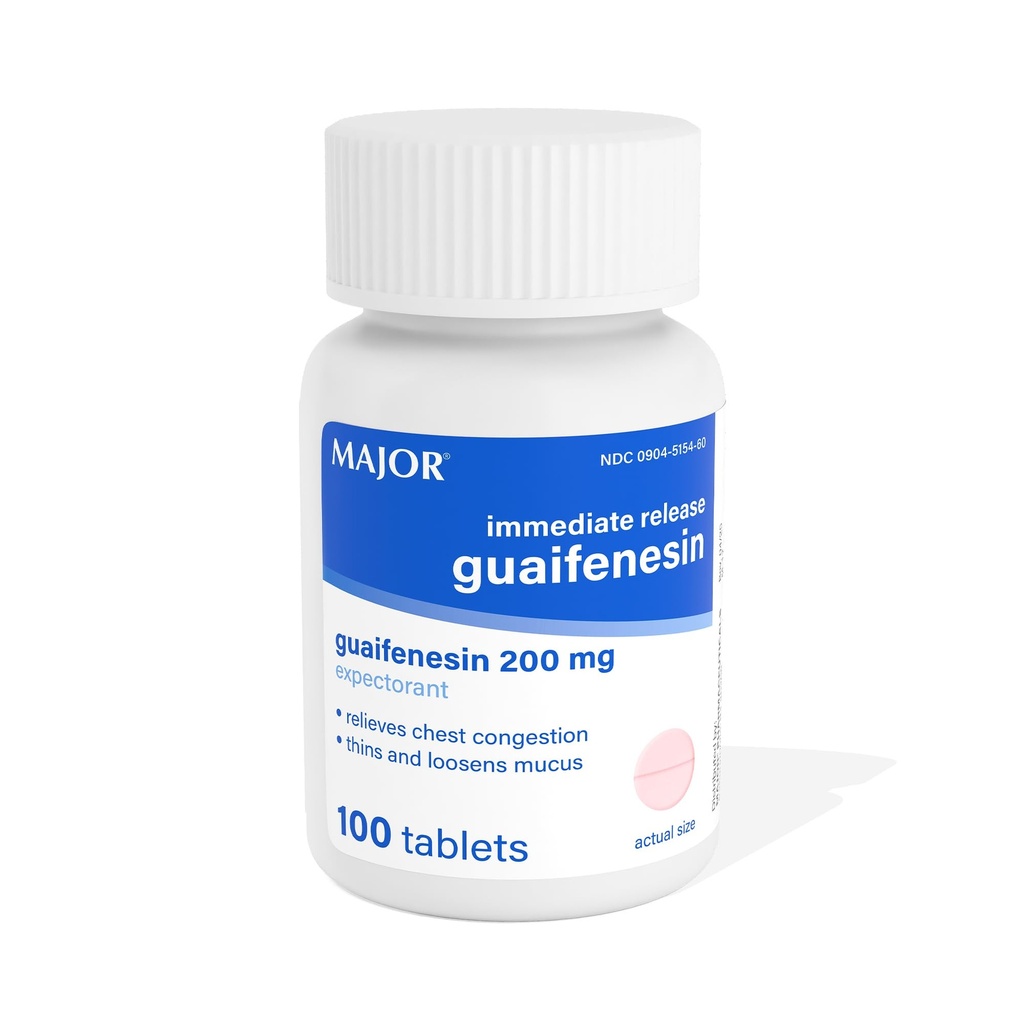 Major natychmiastowe uwolnienie Guaifenesin - łagodzi zatory w klatce piersiowej, cienki i luźny Mucus - 200 mg - 100 tabletek