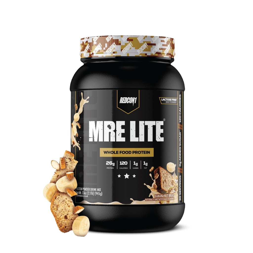 REDCON1 MRE Lite Whole Food Protein Powder, Banana Nut Chleb - Niskie węglowodory i serwatka Wolny posiłek Wymiana z mieszanek białek zwierzęcych - Łatwy do digest suplement Made with MCT Oils (30 Sług)