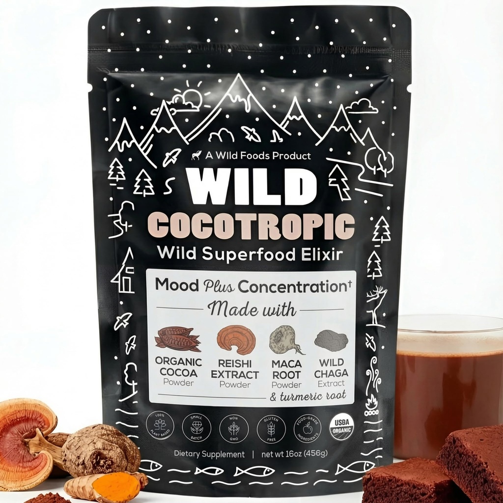 Organic Cocotropic Mushroom Hot Cocoa - Mushroom Coffee Alternative 124; Sugar Free Hot Chocolate Between 124; Organic Cocoa Powder, Reishi Mushrooms, Chaga, Maca Root, Turmeric Building 124; Pyszne Trwałe Focus, Energy & Mood Bez Jitters Between 124; 16oz