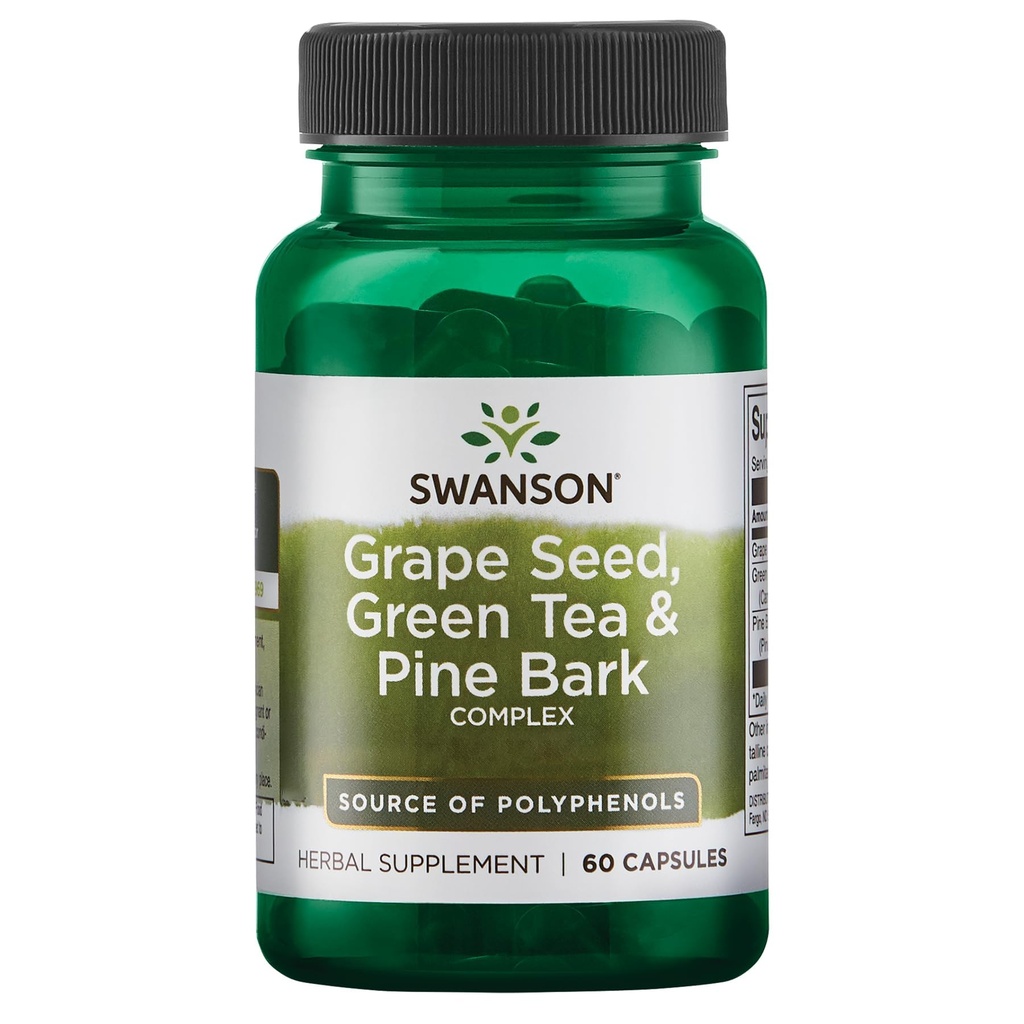 Swanson Grape Seed Green Tea & Pine Bark Complex Health Antioksydant Support Polyphenols OPCS Herbal Supplement 60 Kapsułki (Czapki)