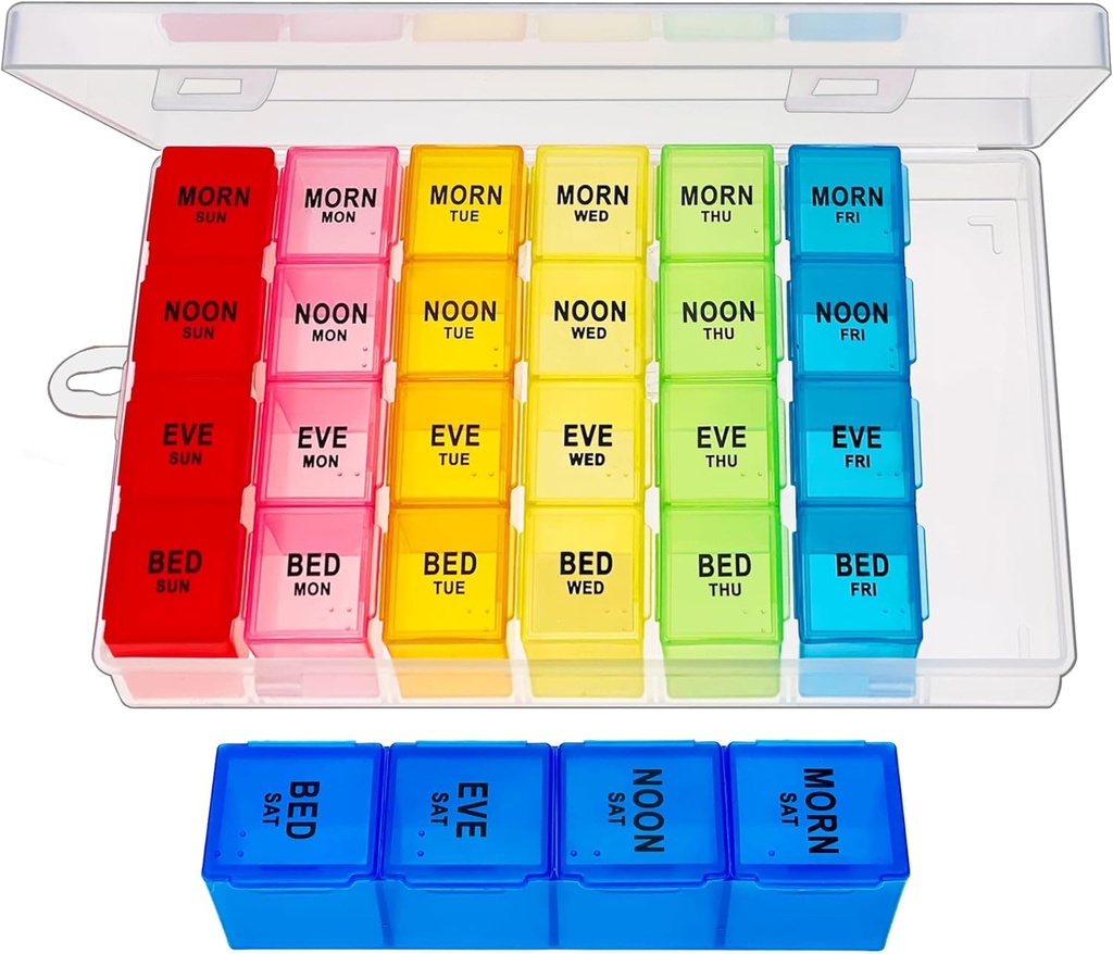 Cotygodniowy Pill Organizer 4 razy dziennie, Medicine Organizer Box, Travel Daily Pill Box Organizator 7 dni, Pill Case, Pill Container Holder for Hold Vitamin / Fish Oils.