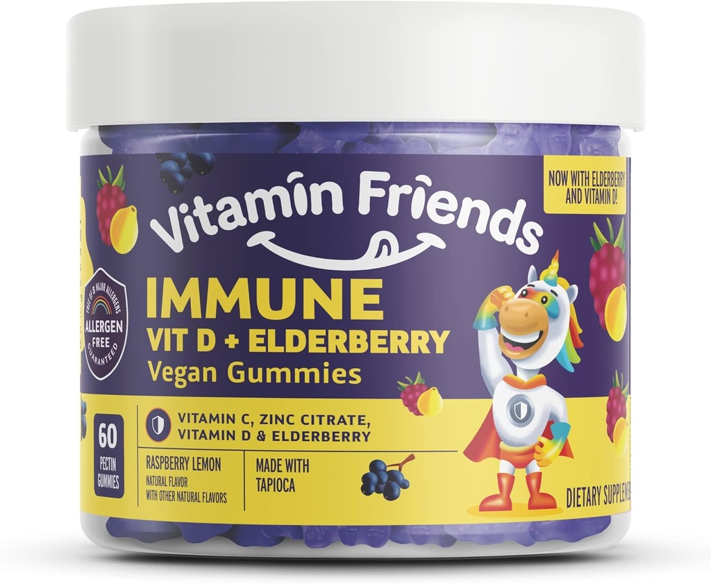 Witamina Friends - Elderberry, Witamina C Gummies - Wegańskie suplementy wspomagające system immunologiczny - Wsparcie zdrowotne w / Cytrat cynku i Witamina D - Zaawansowane wsparcie immunologiczne - 30 Day Supply - 1 Pack