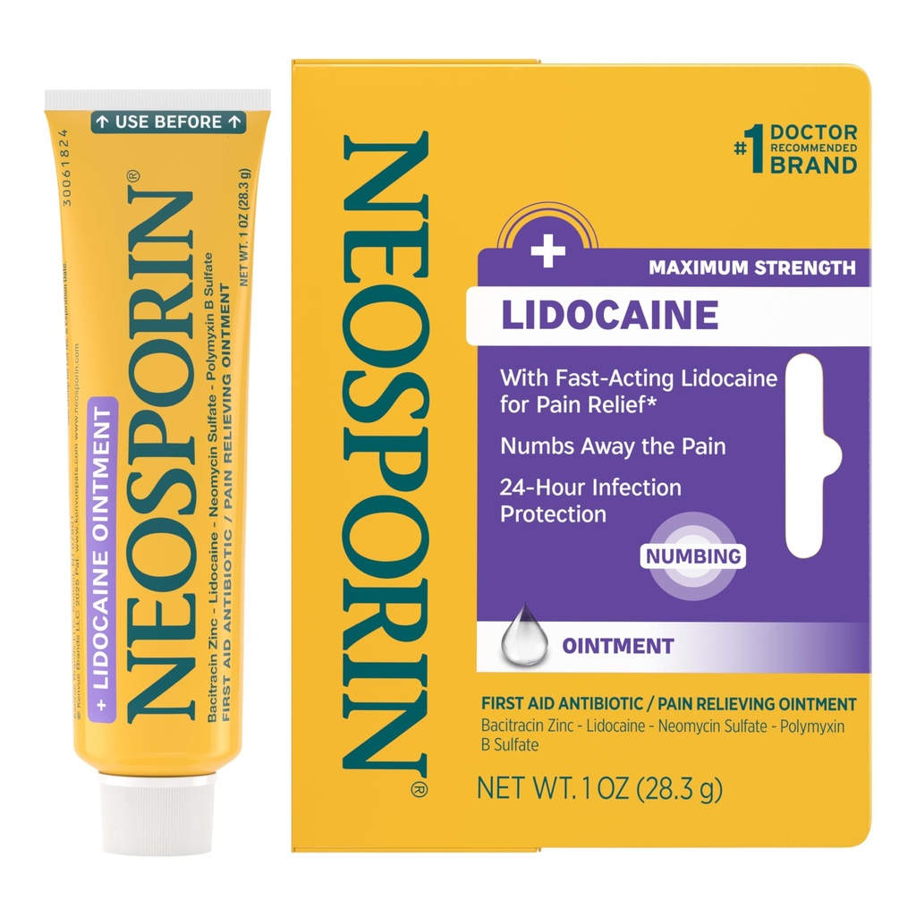 Neosporin + Lidocaine First Aid Triple Antibiotic Ointment, Fast-Acting, Maximum Strength Topical Pain Relief, 24-Hour Infection Protection That Numbs Away The Pain for Minor Wound Care, 1 oz