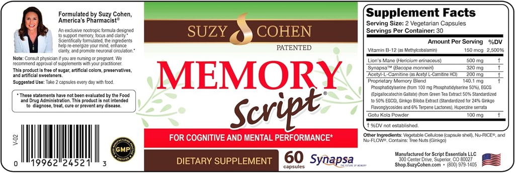 Suzy Cohen Memory Script z Lions Mane, Phosphhatidylserine, Green Tea Extract i Ginkgo - Suplement Wspomagania Mózgu dla Focus - Kapsułki nootropowe dla Cognition, Szybsze Recall i Mood
