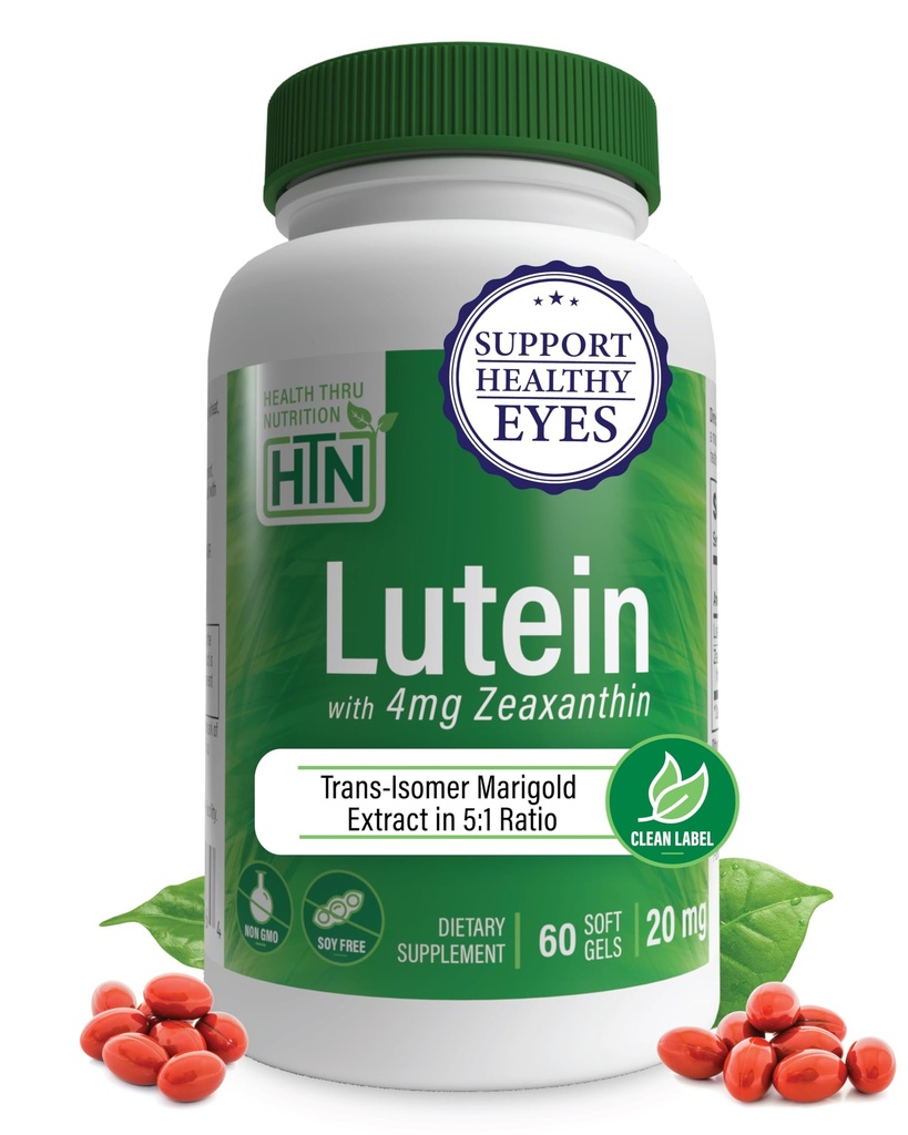 Lutein 20mg z Zeaksantyną 4mg 60 Softgels 124; All- Trans Marigold Extract in Nature Identical 5: 1 Stosunek do 124; Wspiera zdrowe oko, Skóra i mózg 124; Non-GMO Soy & Gluten Free 124; przez Health Thru Nutrition