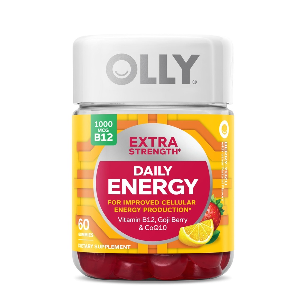 OLLY Ultra Siła Włosy, Dodatkowa Siła Daily Energy, Biotin, Keratyna, Witamina B12, CoQ10, Goji Berry Gummy Supplement Bundle - 30 Count, 60 Count