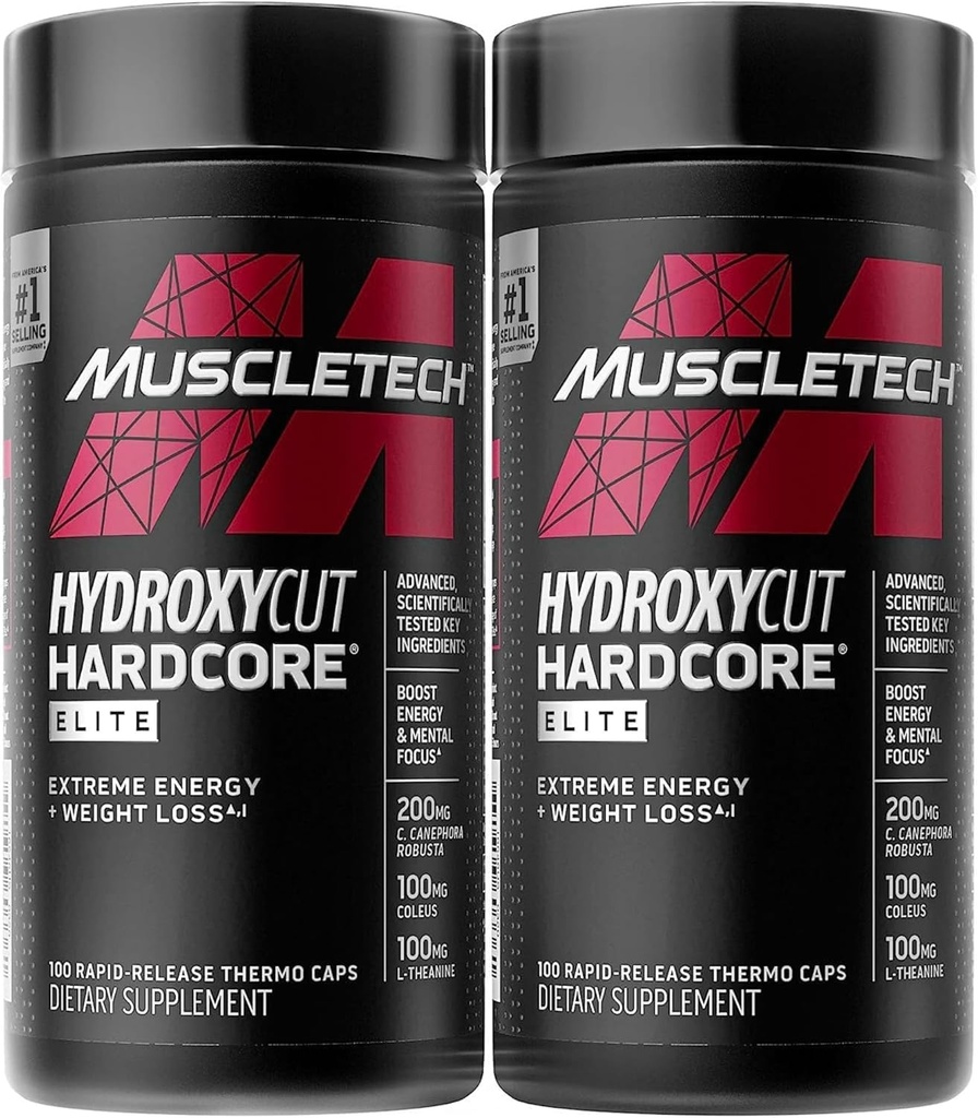Hydroxycut Hardcore Elite - Energy & Metabolism Support for Men & Women - 270 mg Caffeine Anhydrous & 200 mg Green Coffee Extract - Rapid Release Capsules - 100 Count Each - 2 Pack