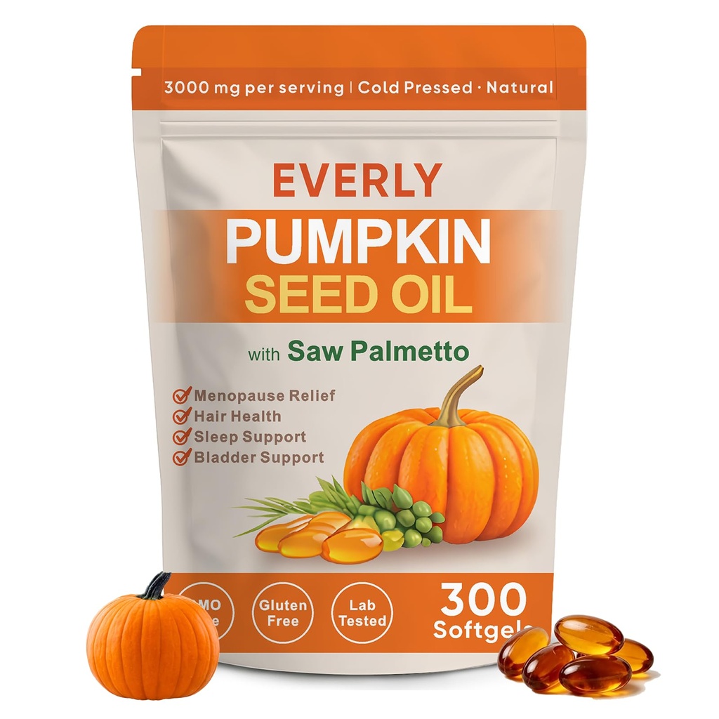 Everly Pumpkin Seed Oil with Saw Palmetto, 300 Softgels, Cold Pressed Pumpkin Seed Oil (1)