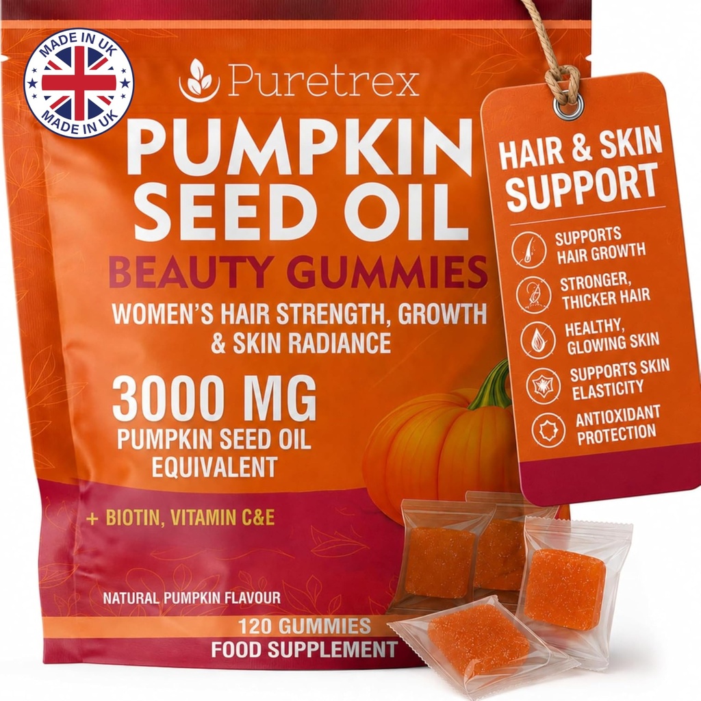Pumpkin Seed Oil Beauty Gummies, Women's Hair Strength, Growth & Skin Radiance, 120 Count, with Saw Palmetto, Biotin, Vitamins C&E, Natural Pumpkin Flavor