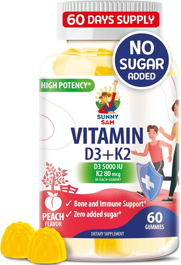 Witamina wolna od cukru D3 K2 Gummies 5000 IU - Gummies immunologiczne i podtrzymujące kości - Suplement Gummy witaminy D dla dorosłych - Wysoka absorpcja, Wegan, Halal, Bezglutenowe witaminy do żucia