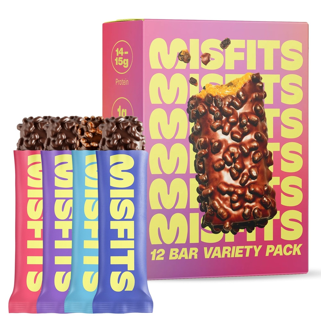 Misfits Protein Bars - Wysokie proteiny Candy Bars Reg 124; Gluten Free Plant Based, Low Sugar & Carb, High Fiber Przekąski 124; Odmiana Pack 12 (4 Smaki)