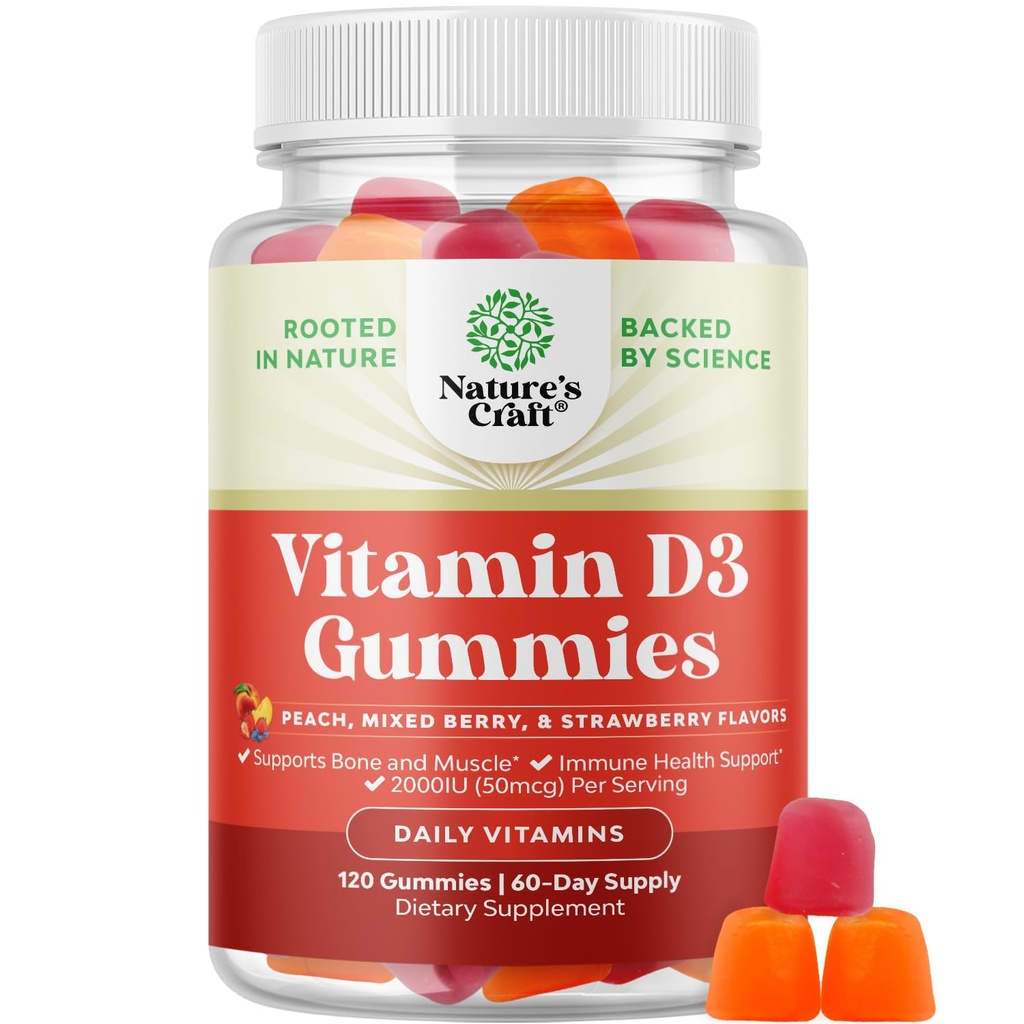 Natury Rzeźba Witamina D3 Gummie dla Codzienne Wellness - Pyszne Gummie Witamina D dla dorosłych z D3 2000IU na Podawanie Mięśnie kości i Wsparcie immunologiczne - Nie-GMO Żelatyna & Gluten Free (60 Day Supply)
