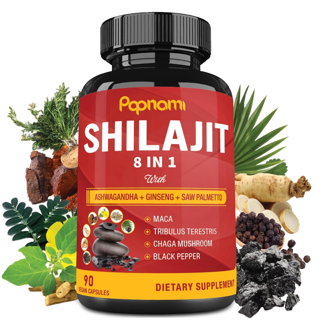 Shilajit Himalayan Kapsułki - 3 miesięczne dostawy - Połączone Ashwagandha, Ginseng, Saw Palmetto, Maca, Tribulus, Chaga, Black Pepper
