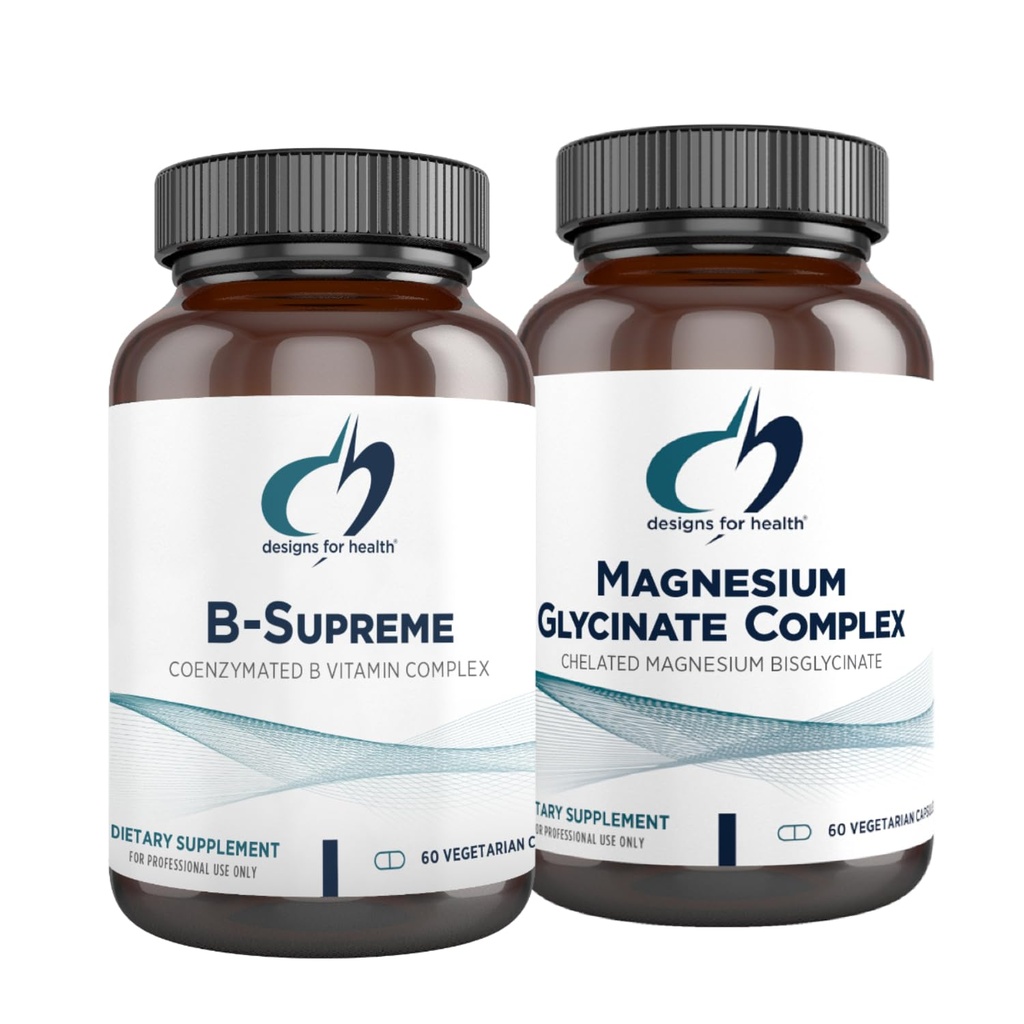 Designs for Health Magnezu Glycinate Complex (60 Kapsułek) & B- Supreme (60 Kapsułek) Bundle - B Witamina Complex with High Absorption Magnezu Supplement