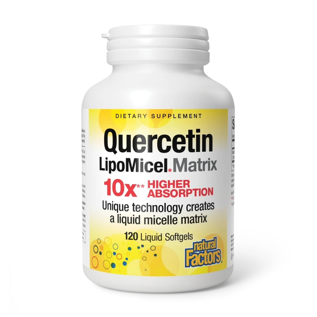 Naturalne czynniki Quercetin LipoMicel Matrix - Wspiera immunologiczne Zdrowie & Zdrowie kapilarne - Suplement wsparcia przeciwutleniaczy z wysokochłonnym Quercetin - 120 Softgels (120 Służenia)