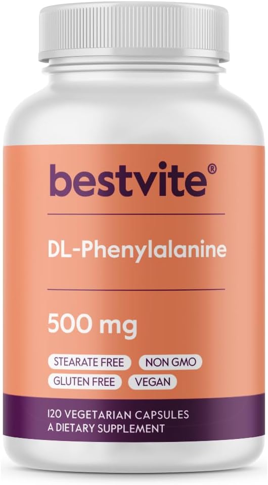 BESTVITE DL- Fenyloalanina 500mg (120 kapsułki wegetariańskie) - bez stearynianów - bez filtrów - wegan - bez glutenu - bez GMO