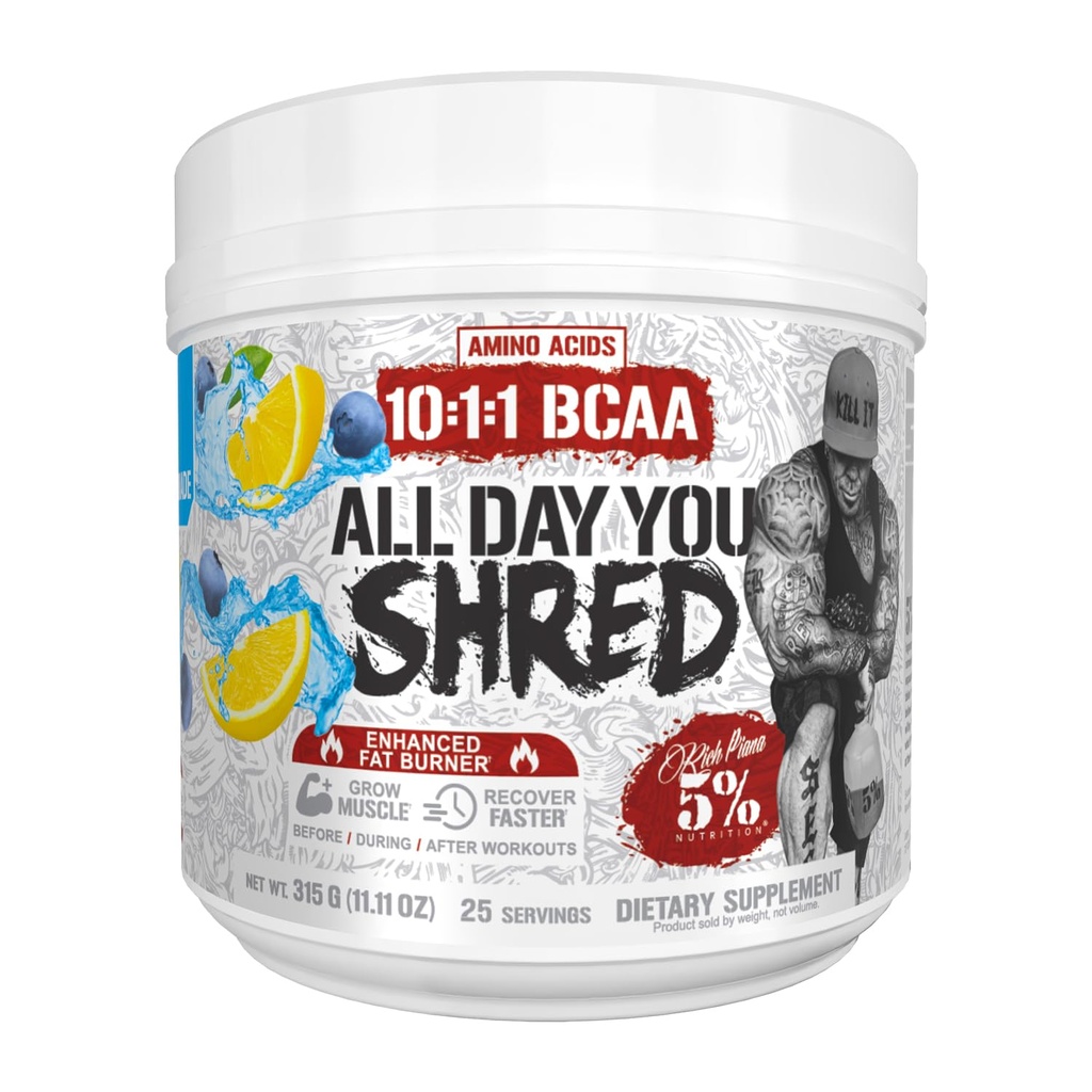 5% odżywka bogata Piana AllDayYou Shred BCAA proszek 124; suplement aminokwasów dla utraty masy ciała 124; Elitarny tłuszcz spalanie przed treningiem energii, Nawodnienie, Endurance & Recovery (Blueberry Lemonade)