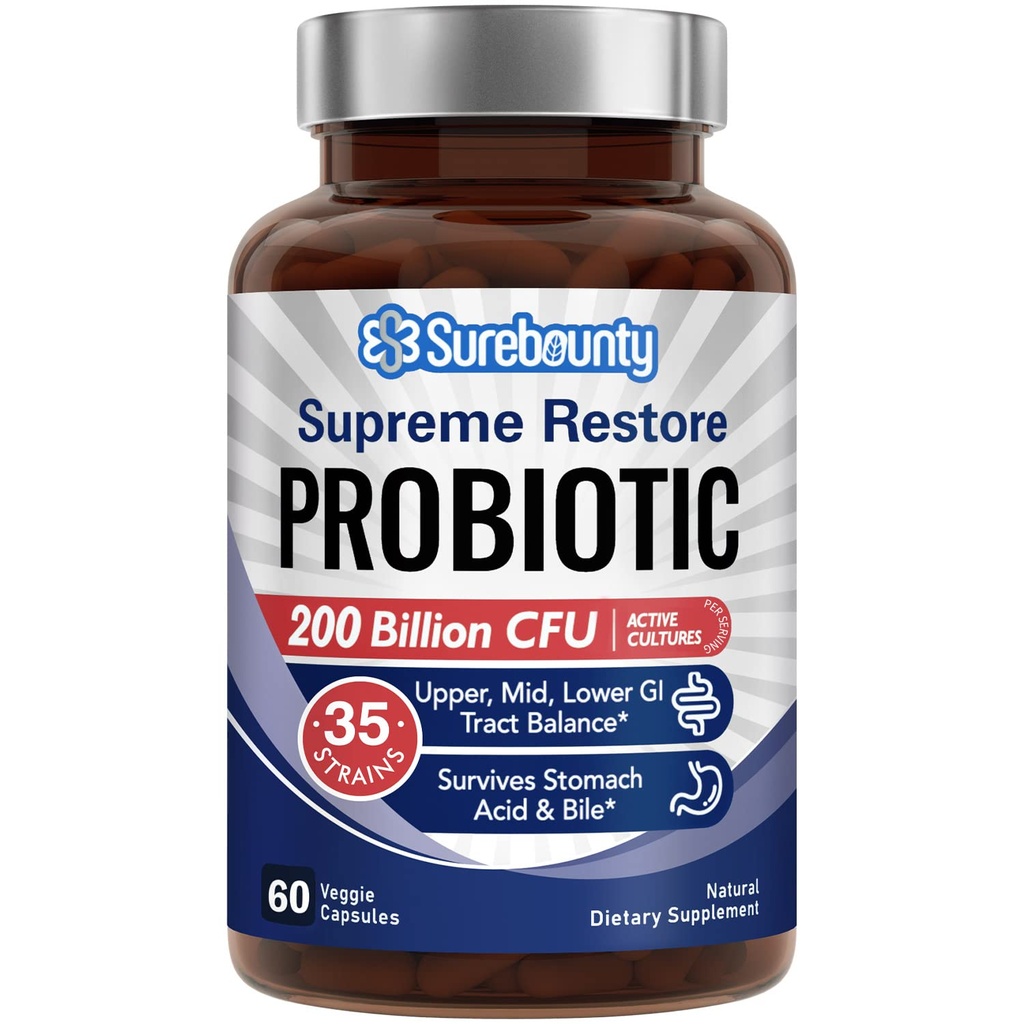 Probiotyk dla mężczyzn i kobiet, 200 Miliard CFU 35 Szczepy, Prebiotyki + Enzymy trawienne, Supreme Restore Probiotic Supplement, 60 Kapsułki wegetariańskie
