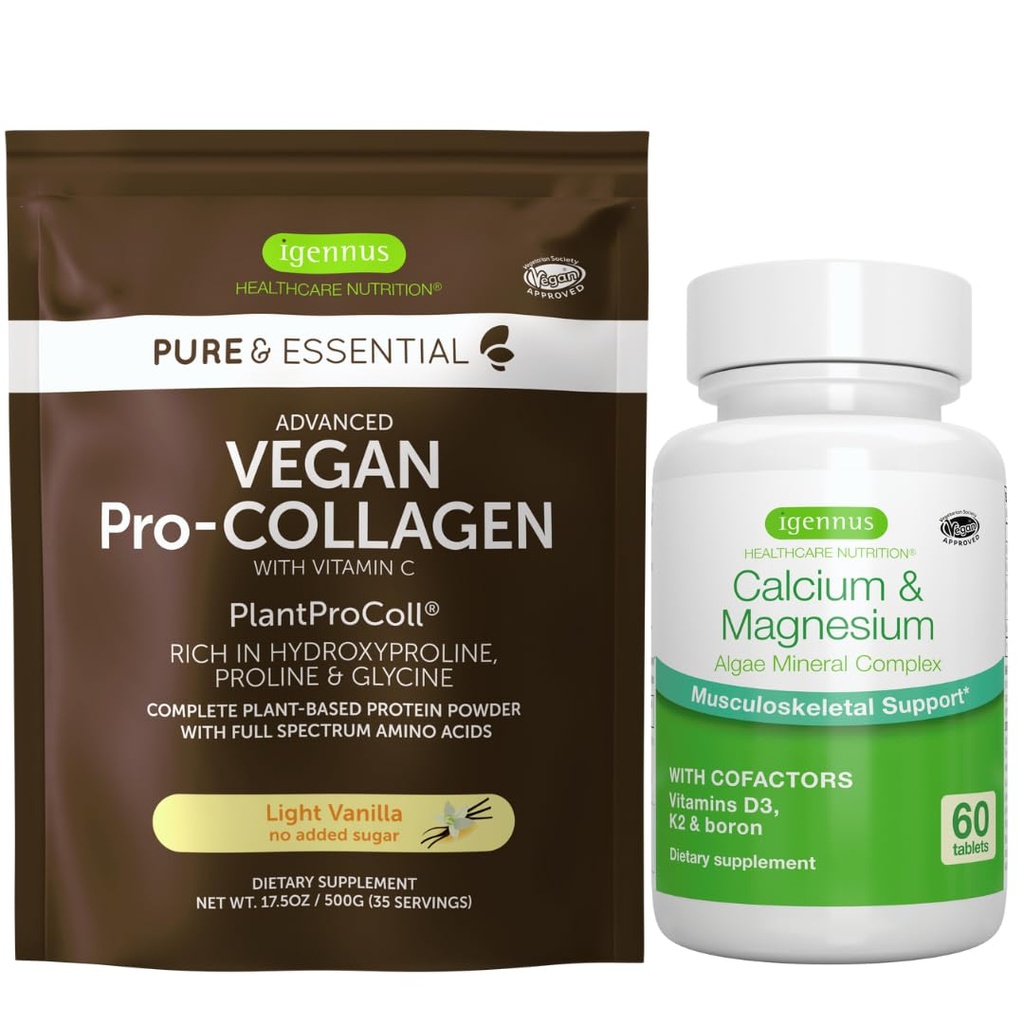Vegan Vanilla Collagen Protein Powder + Wapń i Magnez Complex Bundle, Kompleksowe wsparcie kości, przez Igennus