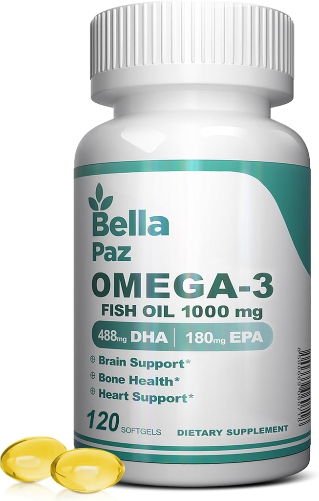 Omega 3 Suplementy FishOil - 1000mg Olej rybny 788 mg Omega-3 Beztłuszczowy kwas tłuszczowy, 488 DHA & 180 EPA dla wsparcia i zdrowia mięśni kości serca, Suplementy dla mężczyzn i kobiet, 120 Softgels