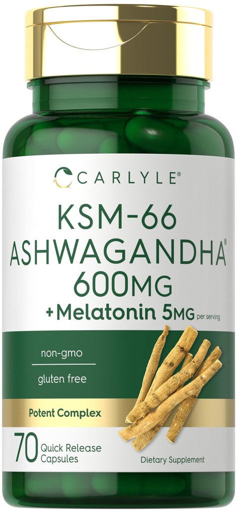 Carlyle KSM- 66 Ashwagandha Kapsułki 600mg 124; 70 Hrabia 124; Melatonina 5 mg 124; Pothent Complex 124; Non-GMO, Gluten Free